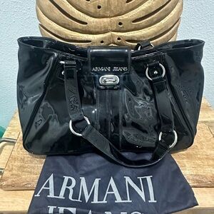 Armani Jeans Y2K Black Patent Leather Tote Bag with Dustbag